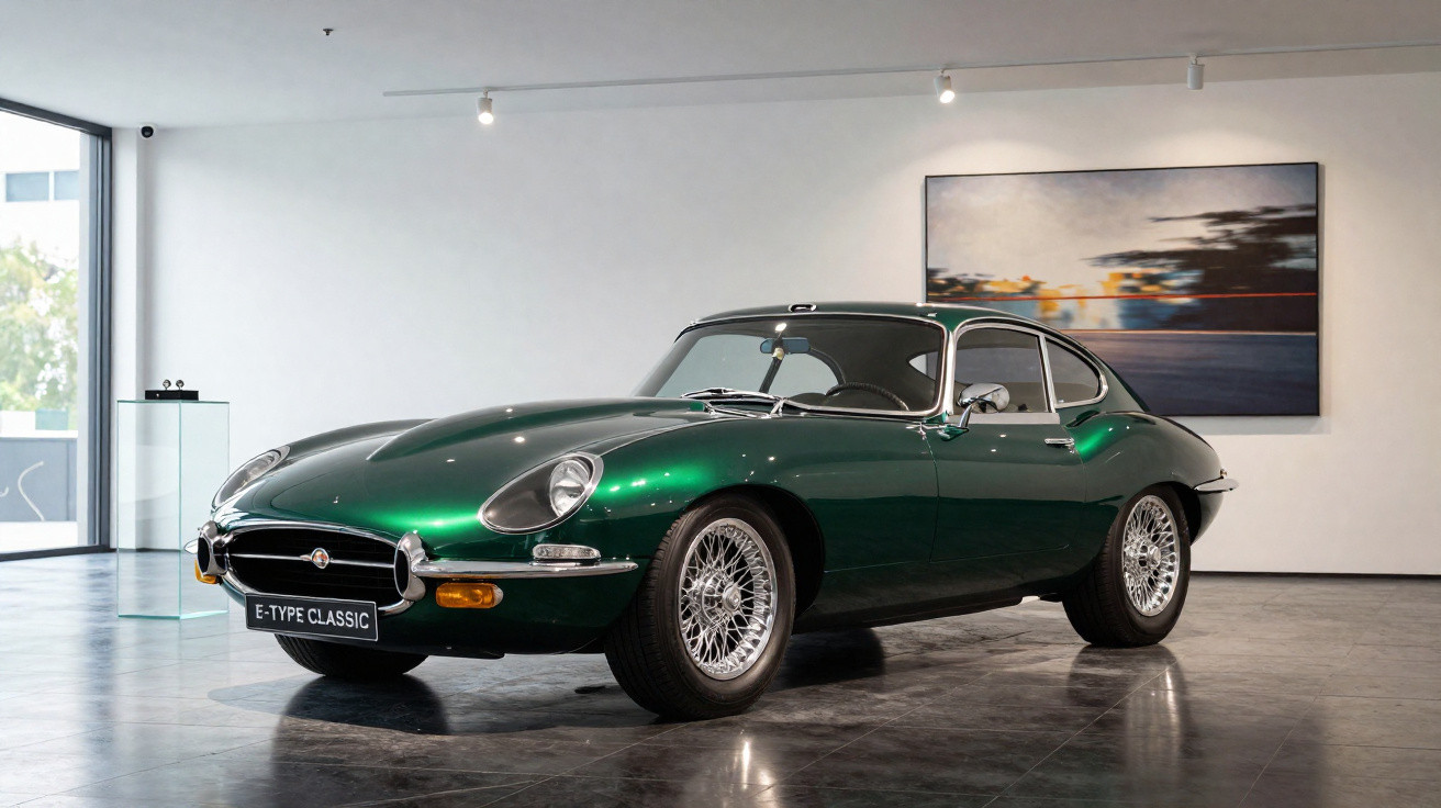 Carro clássico Jaguar E-Type verde em exposição em galeria com pintura abstrata ao fundo.