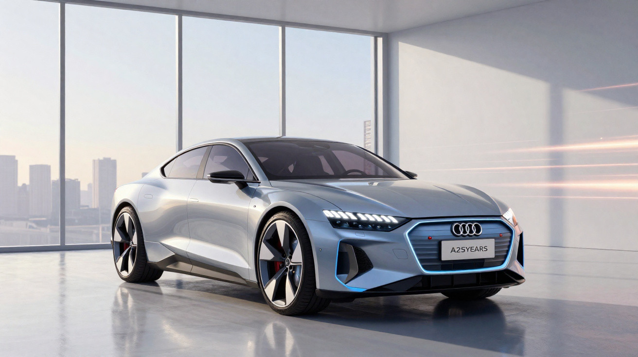 Carro esportivo elétrico Audi cinza estacionado em ambiente interno moderno com janelas amplas e vista urbana.