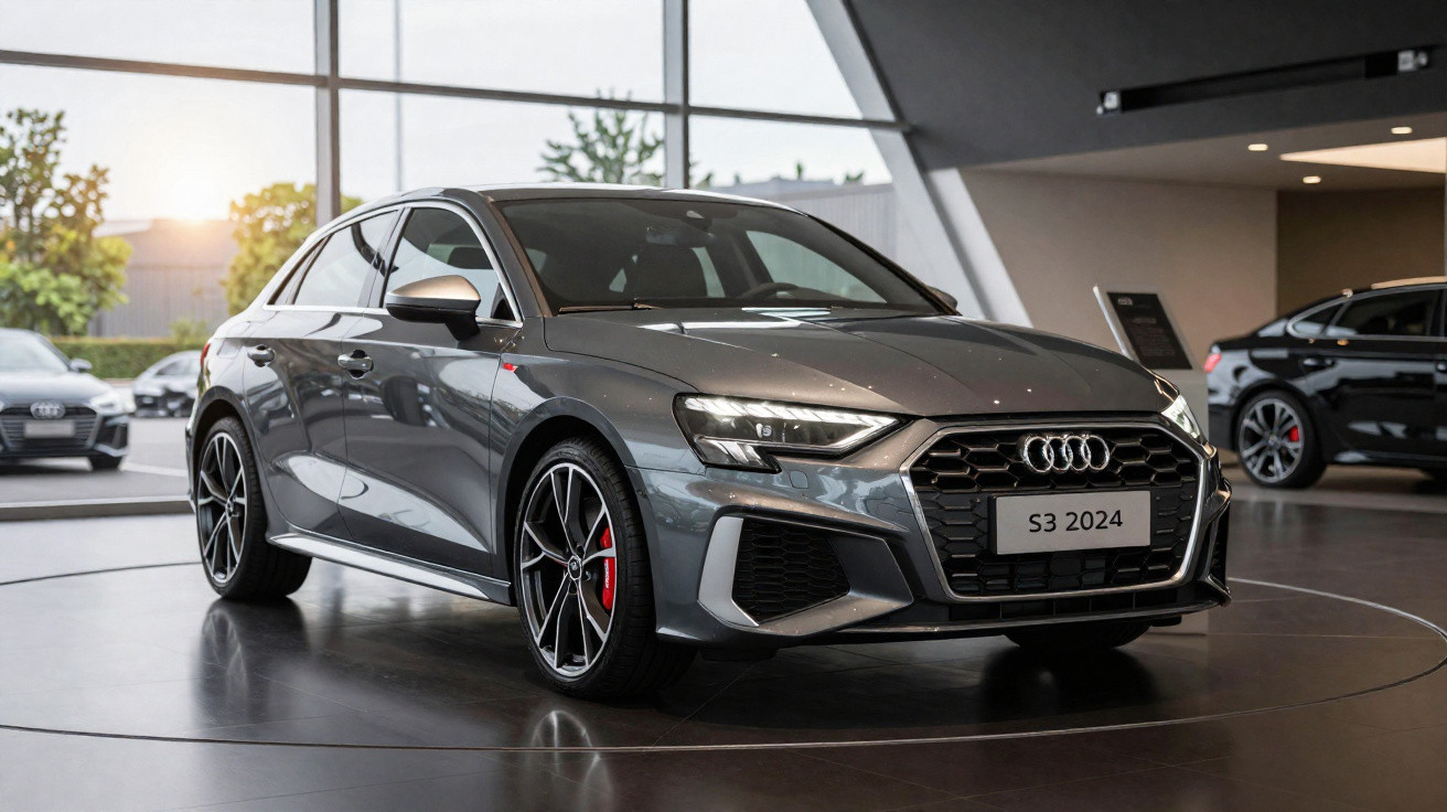 Audi S3 2024 cinza exibido em salão moderno com iluminação natural e vidro ao fundo.