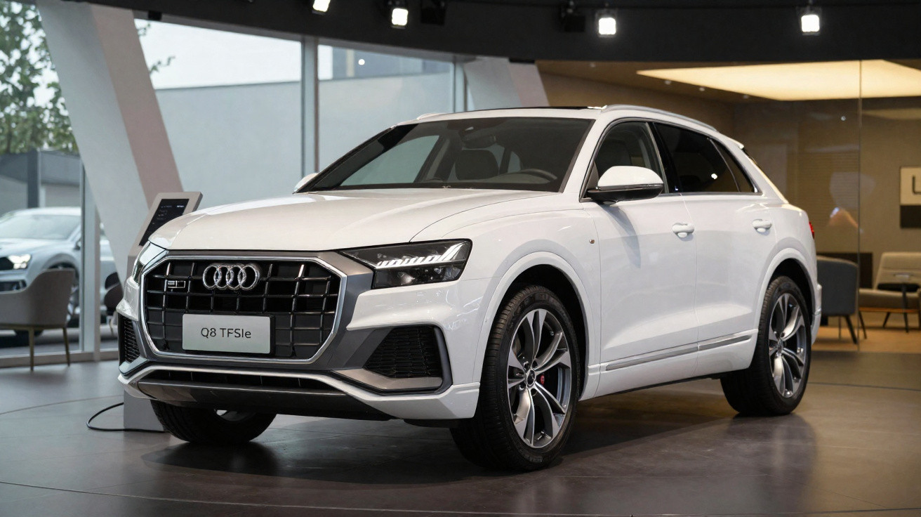 SUV branco Audi Q8 TFSIe estacionado em showroom moderno com paredes de vidro.