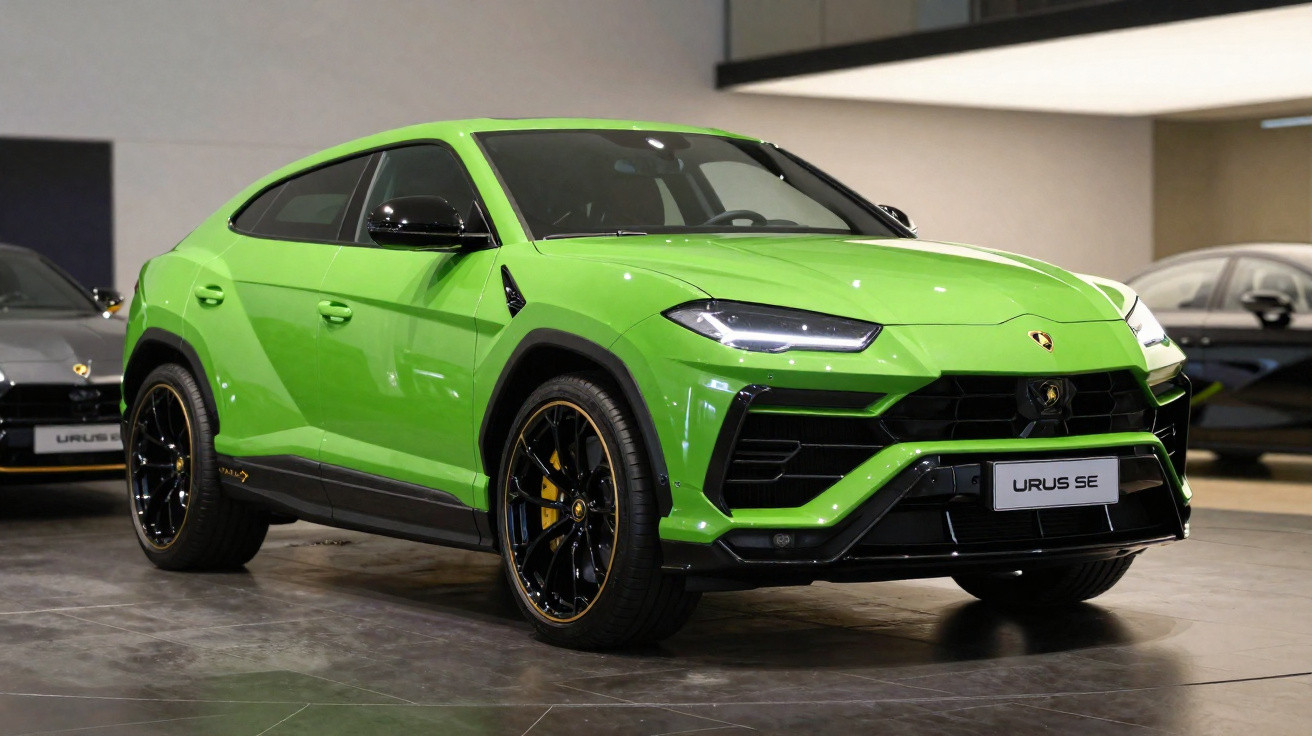 Lamborghini Urus SE verde exposto em showroom moderno com detalhes em preto e rodas esportivas.