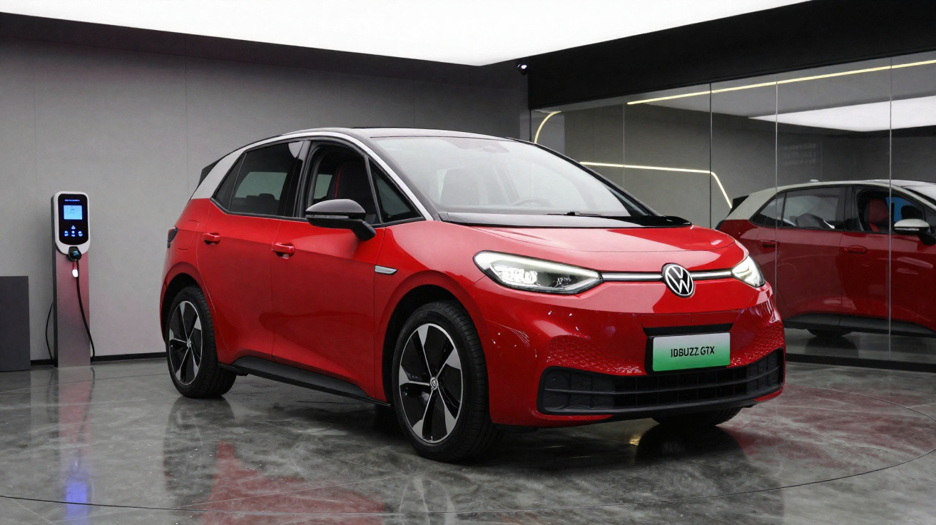 Carro elétrico VW ID.Buzz GTX vermelho carregando em estação de recarga em ambiente interno moderno.