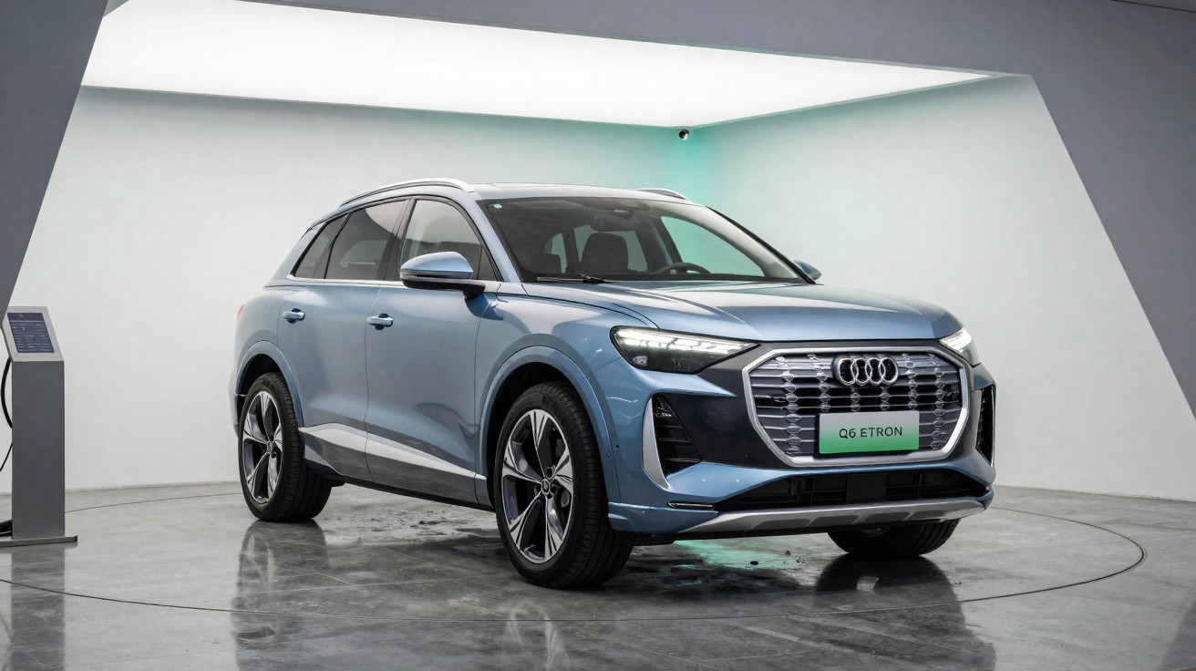 SUV Audi Q6 e-tron azul estacionado em ambiente moderno com iluminação branca.
