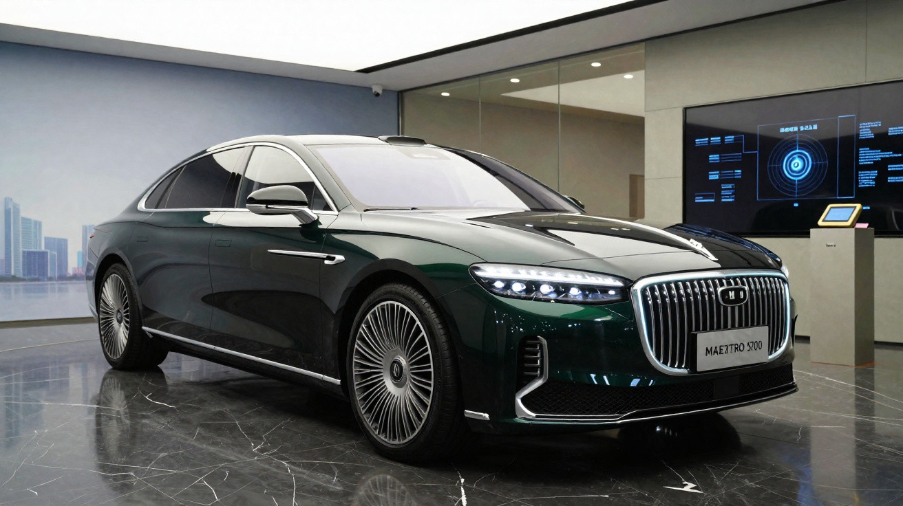 Carro elétrico de luxo verde escuro, modelo Maetro S100, apresentado em showroom moderno.