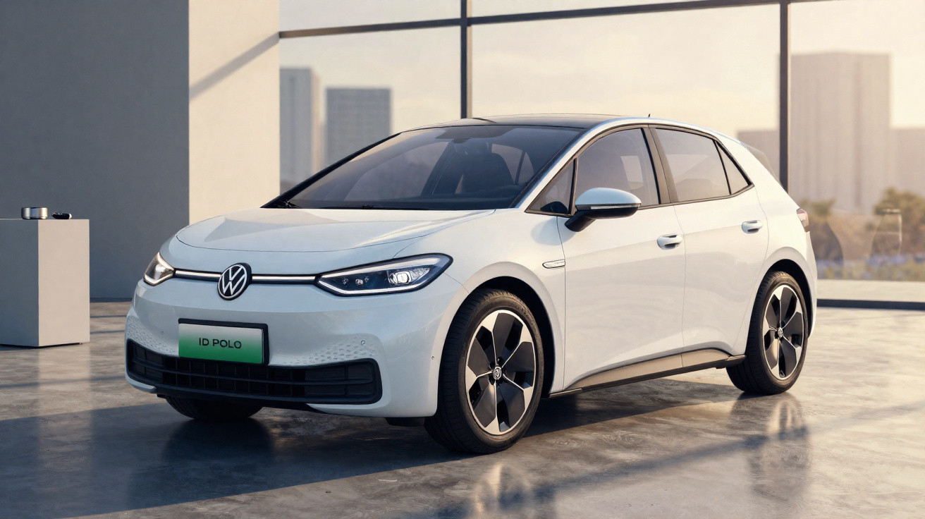 Carro elétrico Volkswagen ID. Polo branco estacionado em ambiente interno moderno com janelas grandes.