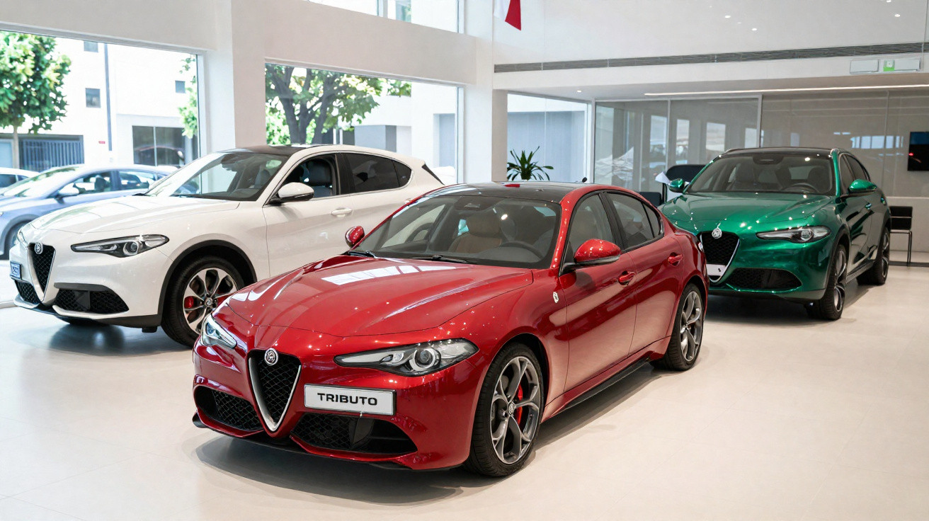 Três carros Alfa Romeo, vermelho, branco e verde, exibidos em showroom moderno e iluminado.