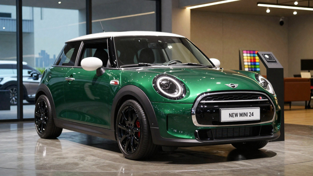 Carro verde MINI Cooper 2024 com teto branco exibido em showroom moderno.