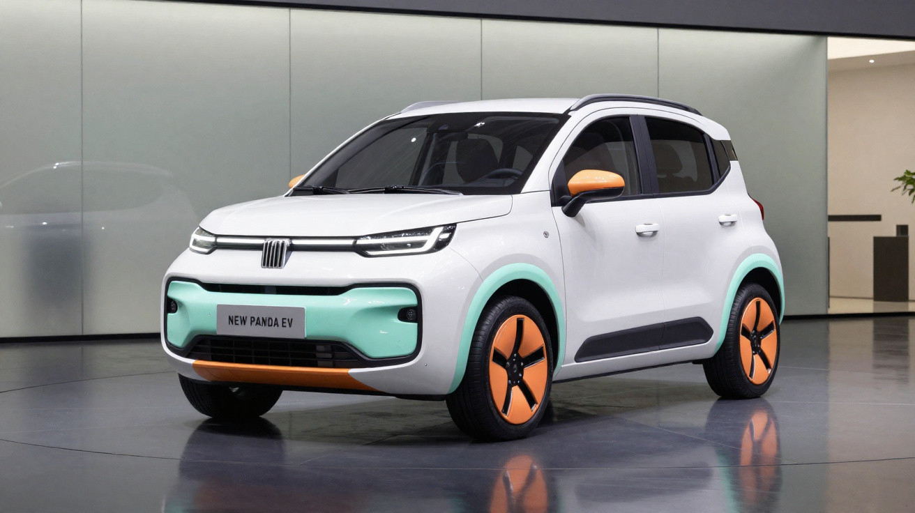 Carro elétrico compacto branco com detalhes em laranja e verde menta estacionado em ambiente moderno.