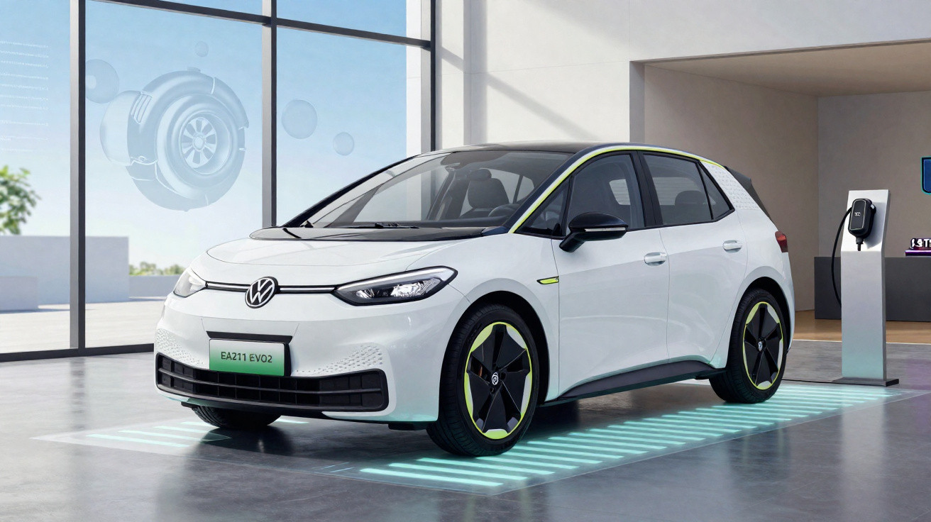 Carro elétrico branco Volkswagen EA211 EVO2 estacionado e conectado para carregamento em ambiente moderno.