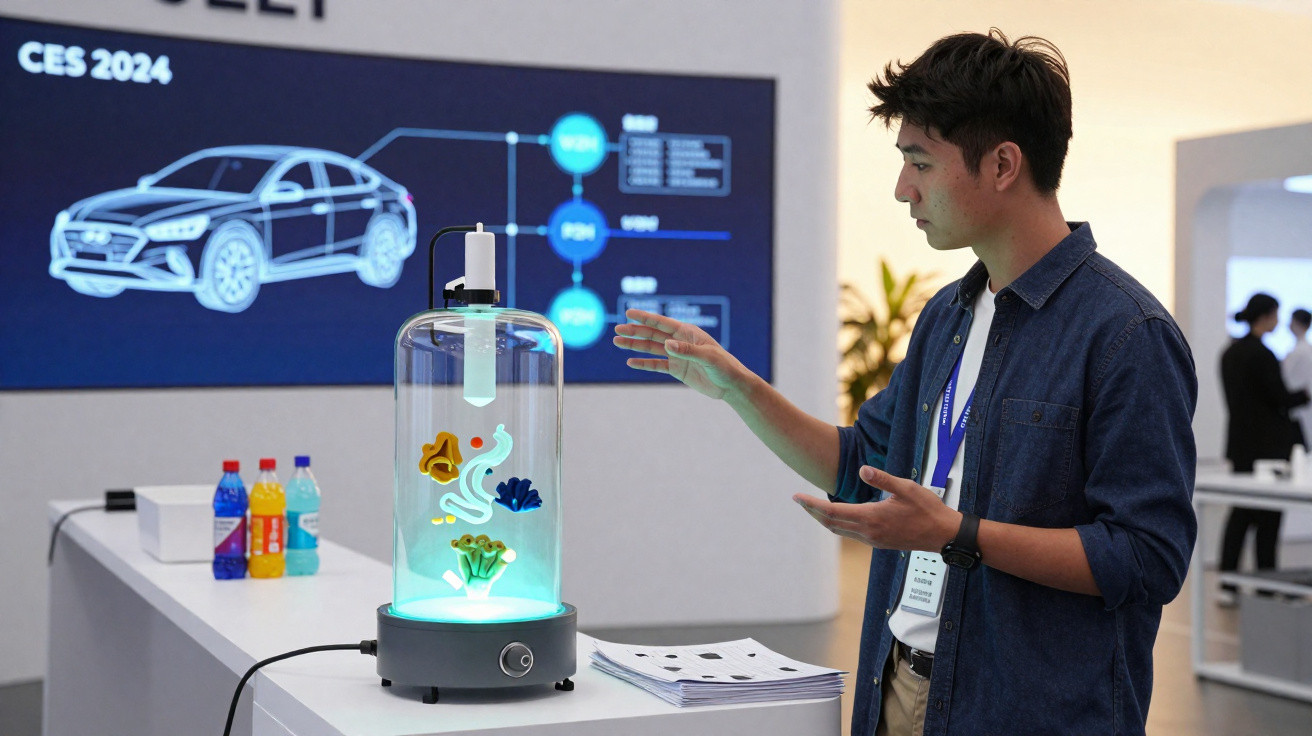 Homem interage com dispositivo tecnológico exibindo holograma colorido em exposição CES 2024.