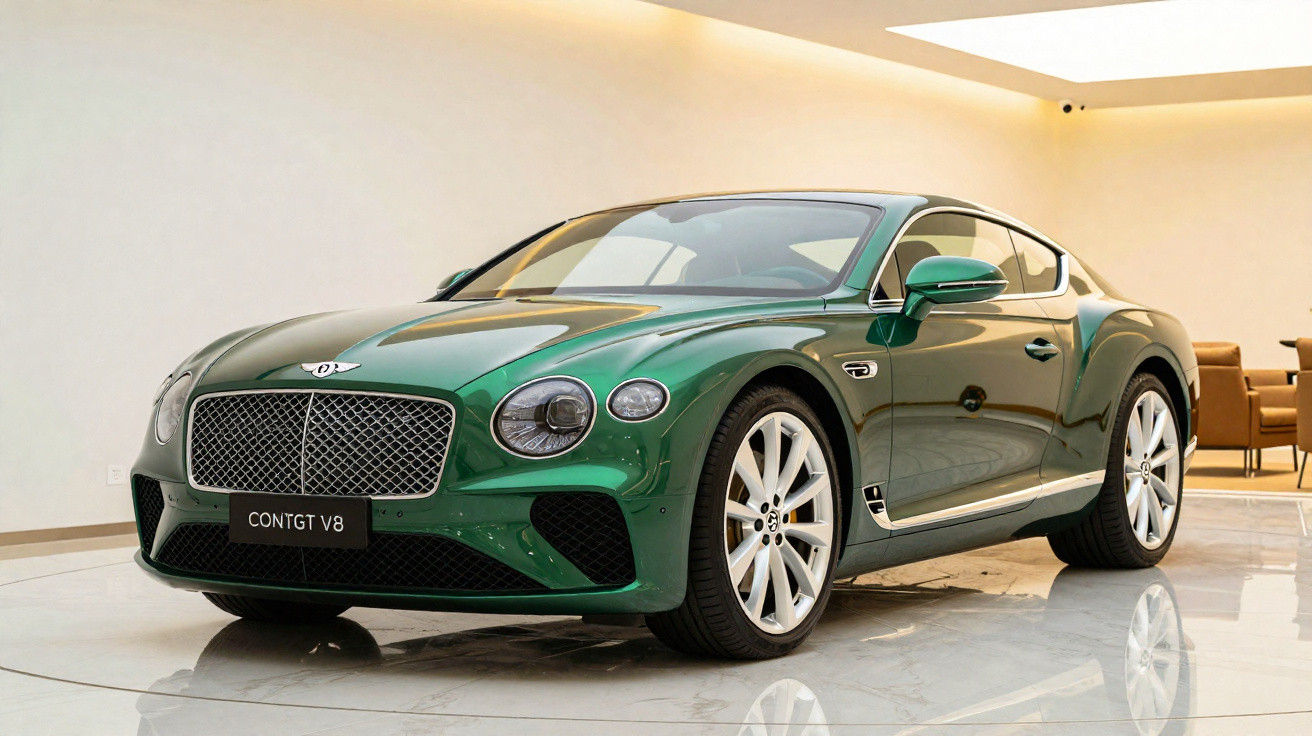 Carro esportivo verde Bentley Continental GT V8 estacionado em sala com piso de mármore.