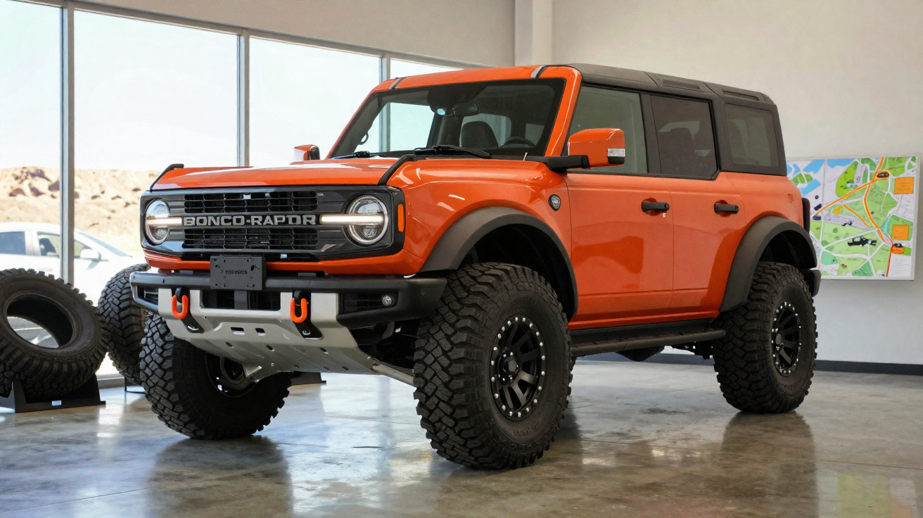 Veículo Ford Bronco Raptor laranja com pneus off-road grandes em showroom moderno.