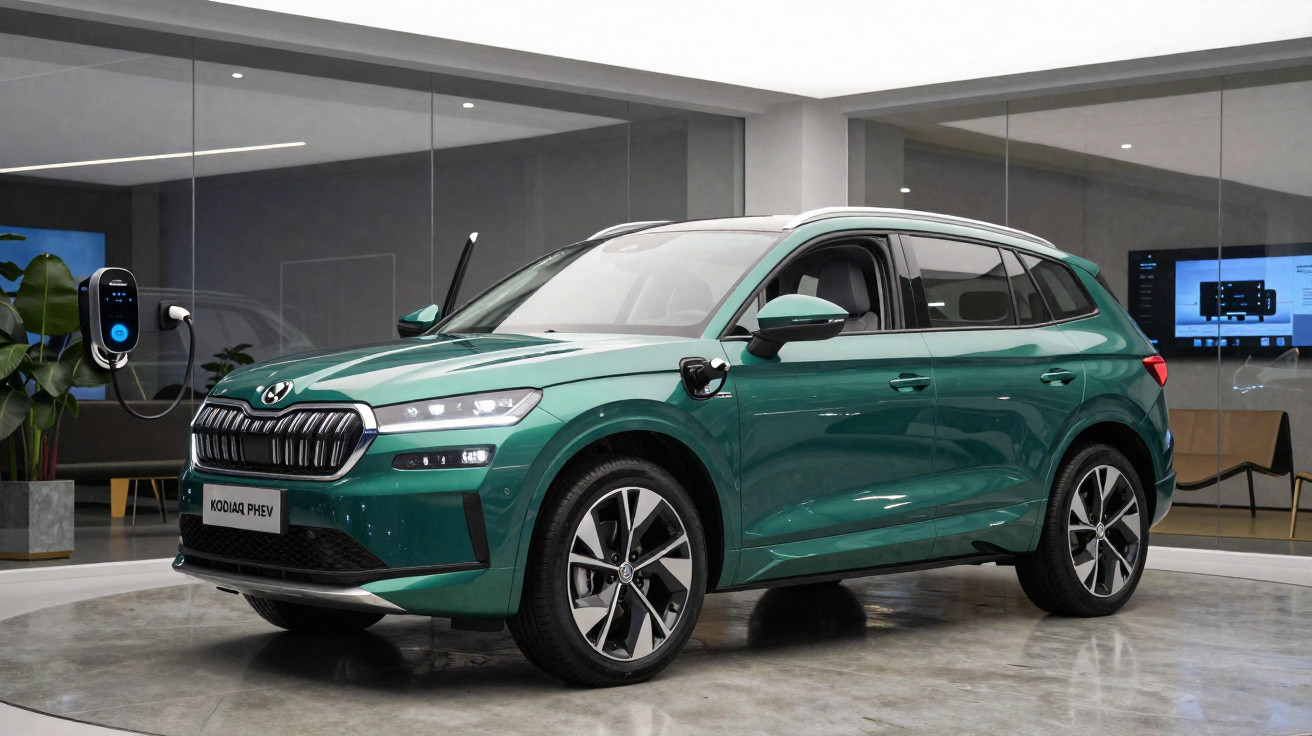 Carro elétrico SUV verde estacionado em showroom, conectado a estação de recarga na parede.