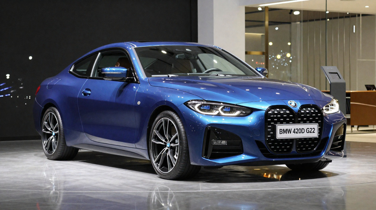 BMW 420D G22 azul em exposição interna com iluminação refletida no chão brilhante.