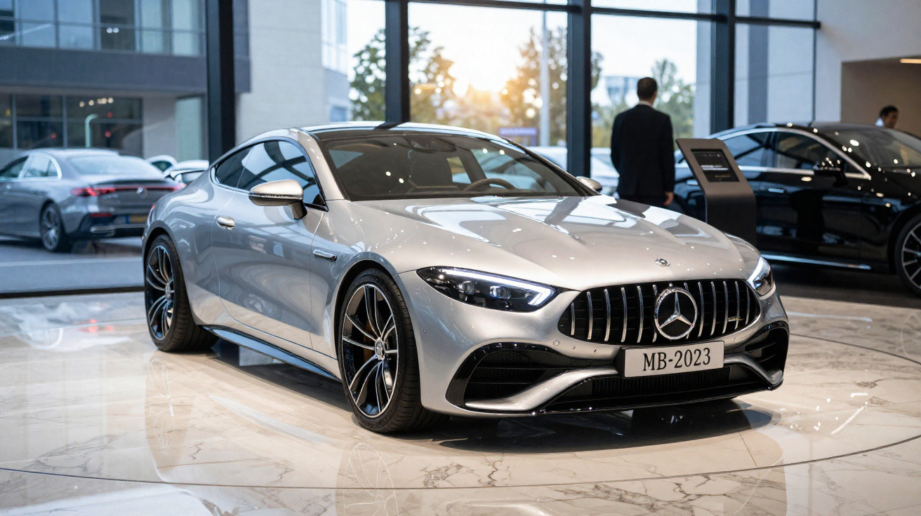 Carro esportivo Mercedes-Benz prata exibido em showroom moderno com piso de mármore.