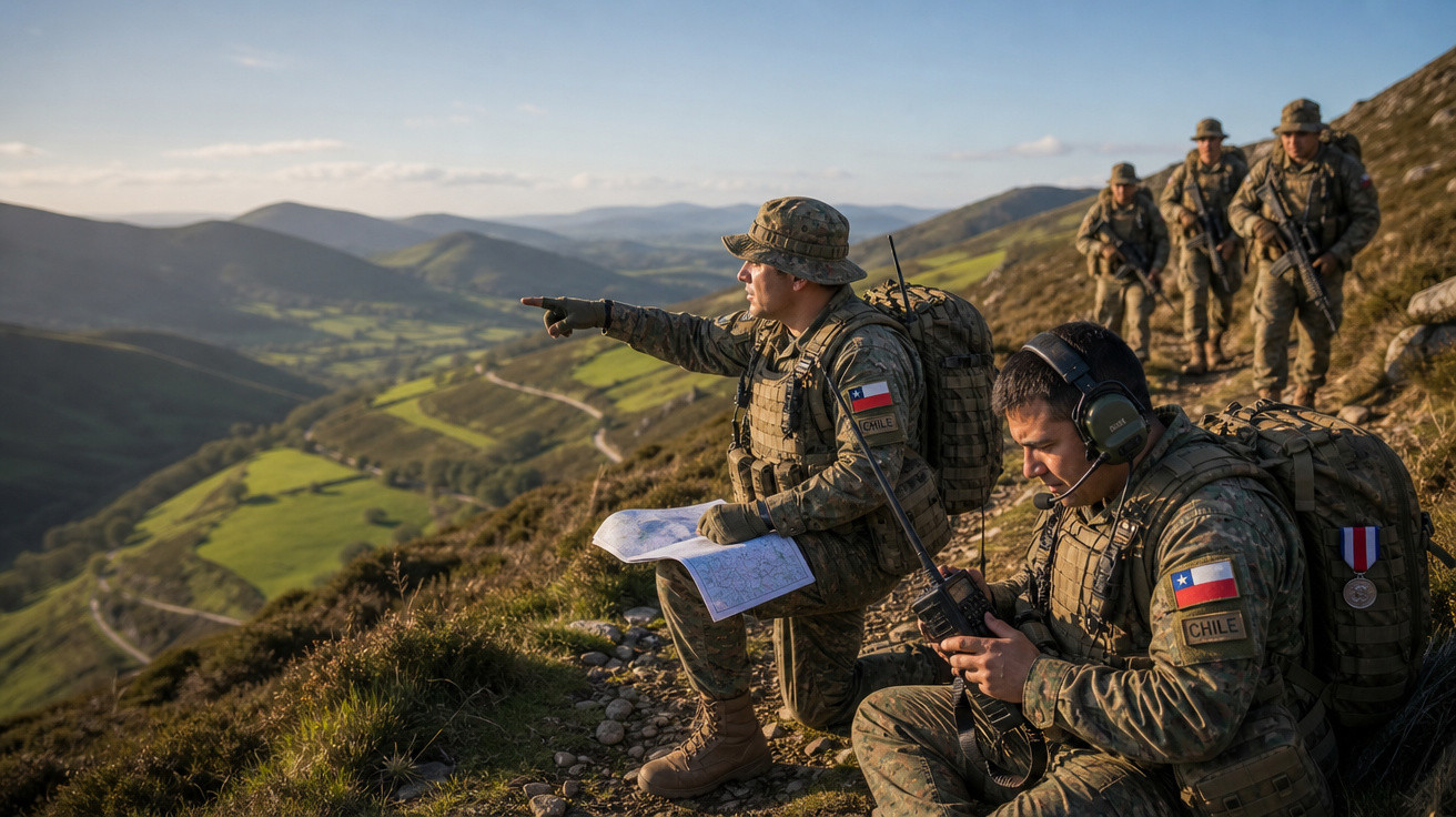 Soldados do Chile em uniforme militar, com rádio e mapa, observando a paisagem montanhosa ao longe.