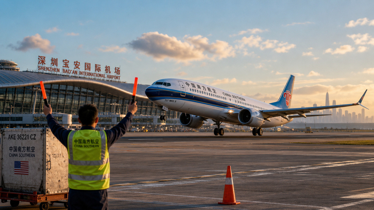 Funcionário orienta avião da China Southern pousando no Aeroporto Internacional de Shenzhen ao entardecer.