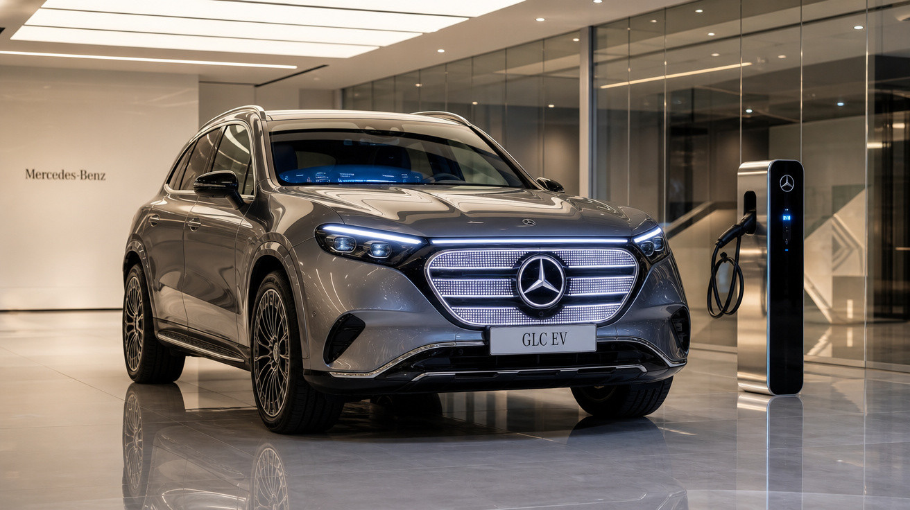 Carro elétrico Mercedes-Benz GLC EV cinza estacionado em showroom com estação de recarga ao lado.