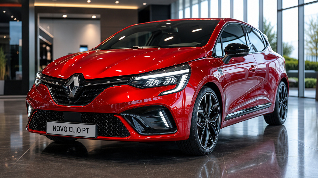 Carro vermelho Renault Novo Clio PT exibido em showroom moderno com piso refletivo.