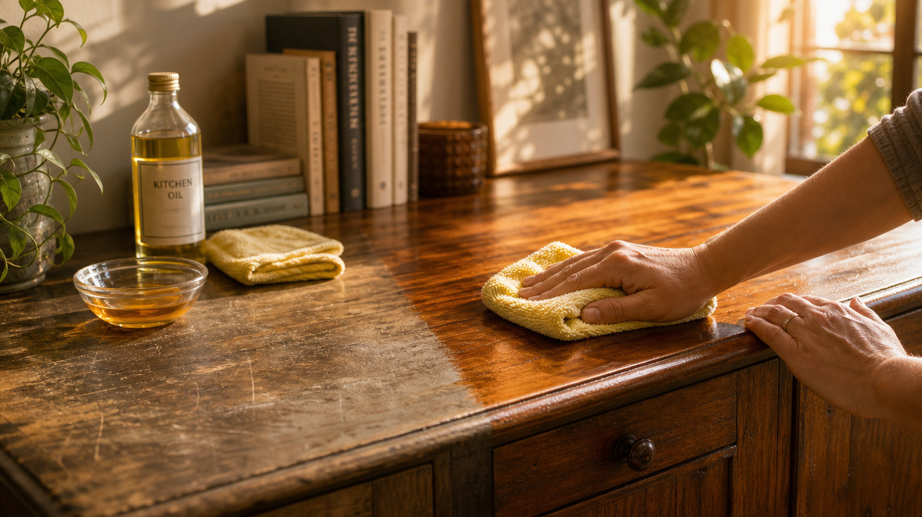 Mãos limpando e polindo uma superfície de madeira escura com pano amarelo em luz natural.