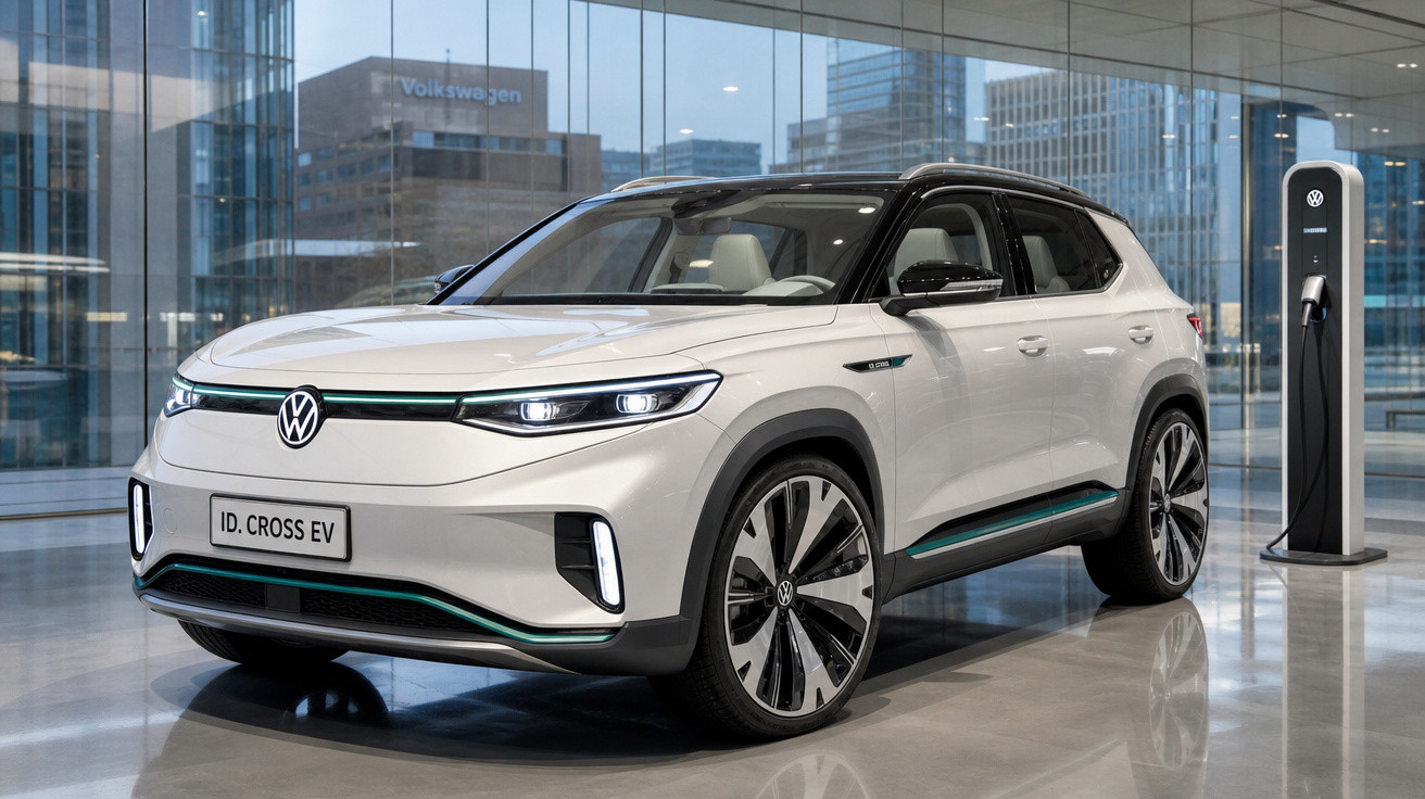 Carro elétrico Volkswagen ID. CROSS EV branco em ambiente moderno com estação de recarga ao lado.