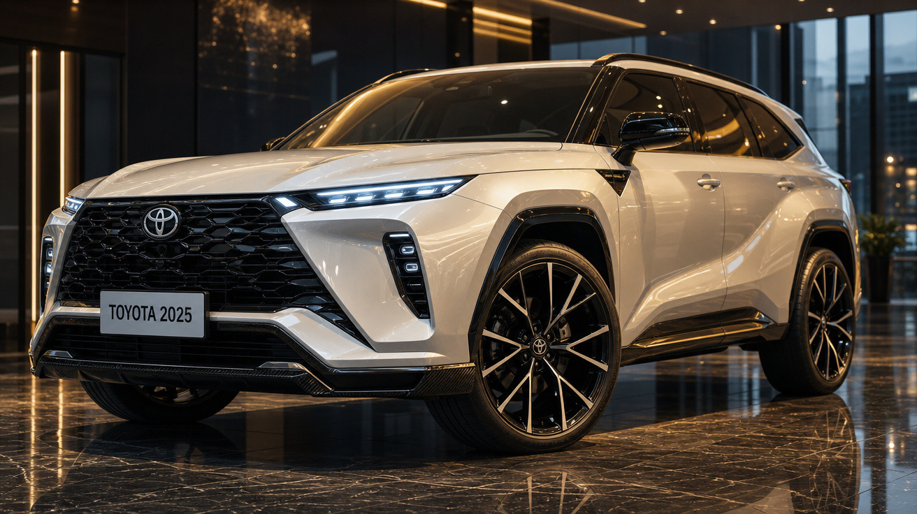 Toyota SUV 2025 branco com rodas pretas, faróis LED, em ambiente interno moderno e iluminado.