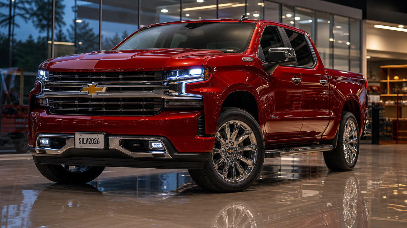Picape Chevrolet Silverado vermelha exibida em showroom moderno com iluminação interna.
