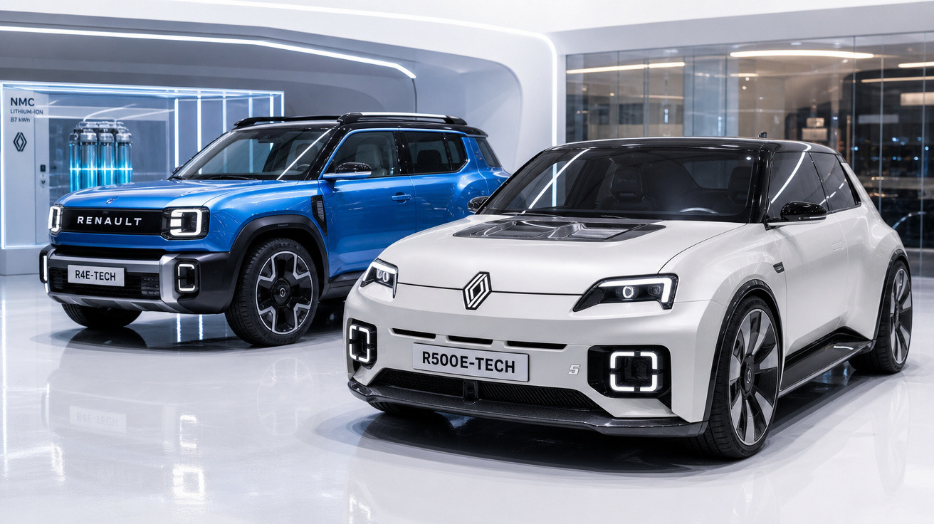 Dois carros elétricos da Renault, um azul estilo SUV e outro branco com design esportivo, exibidos em showroom moderno.
