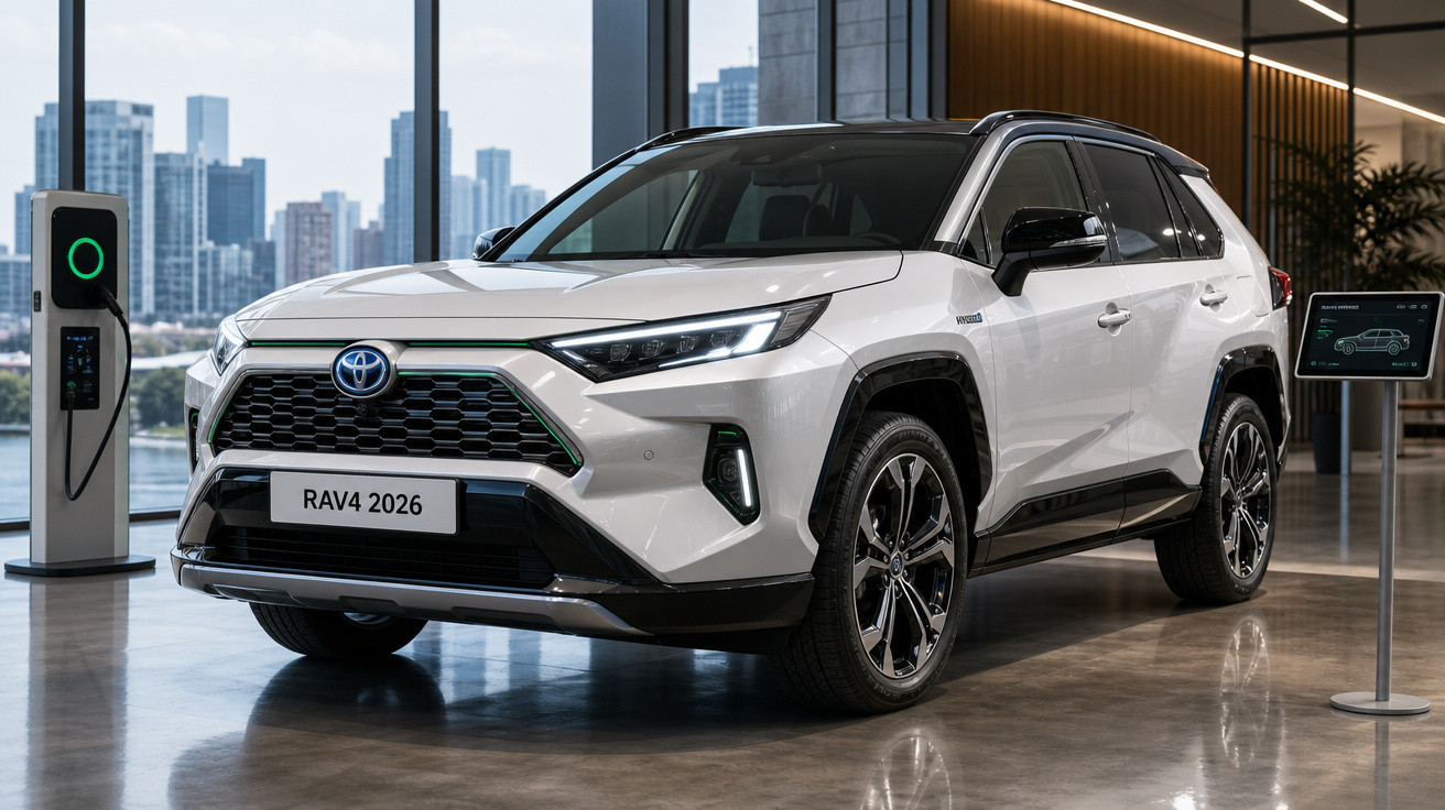 Carro SUV branco Toyota RAV4 2026 em exibição em showroom moderno com carregador elétrico ao lado.