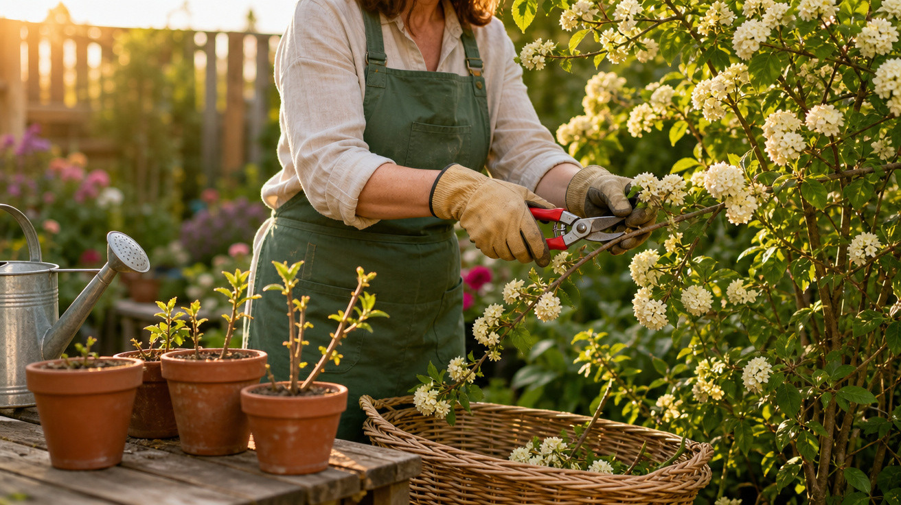 Mulher podando flores brancas em jardim ao pôr do sol com regador e vasos de plantas ao lado.
