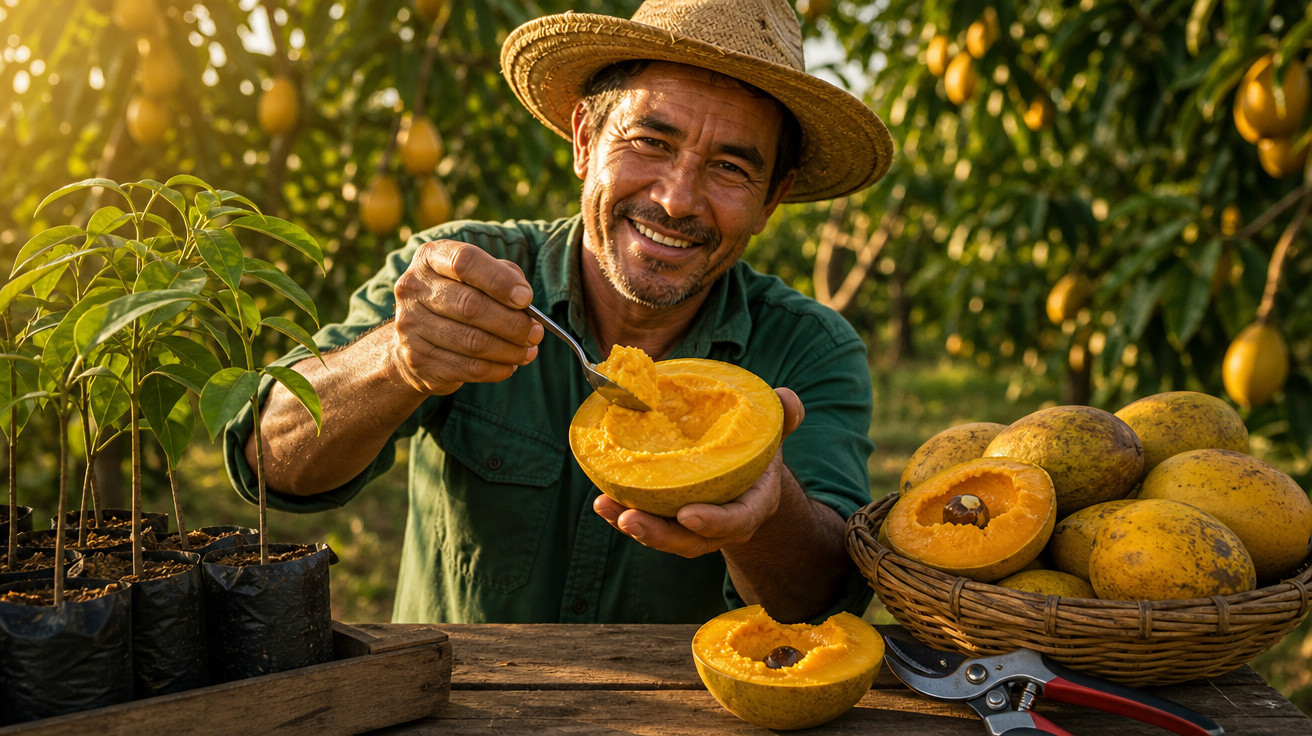 Homem sorridente com chapéu em pomar segurando fruta amarela e colher, cercado por cestas e mudas.