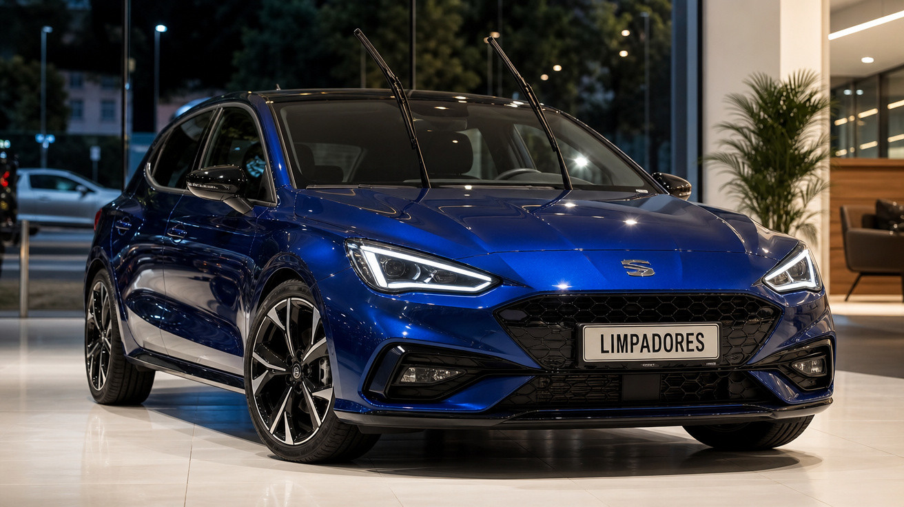 Carro azul estacionado em ambiente interno com limpadores de para-brisa levantados.