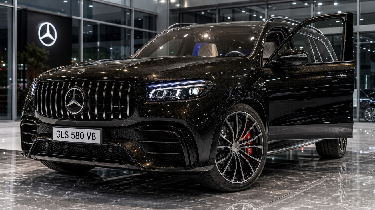 SUV preto Mercedes-Benz GLS 580 V8 em showroom com porta dianteira aberta e logo iluminado ao fundo.