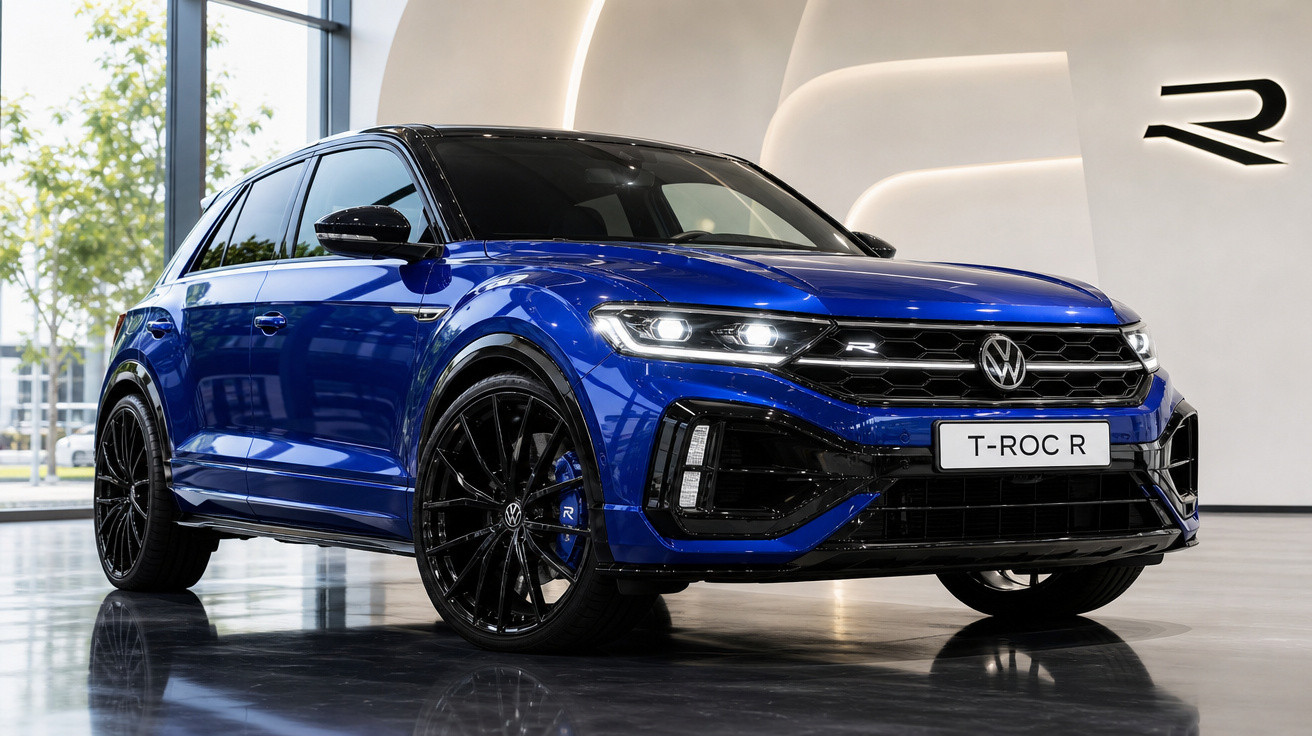 Carro Volkswagen T-Roc R azul exibido em showroom com rodas pretas e faróis acesos.
