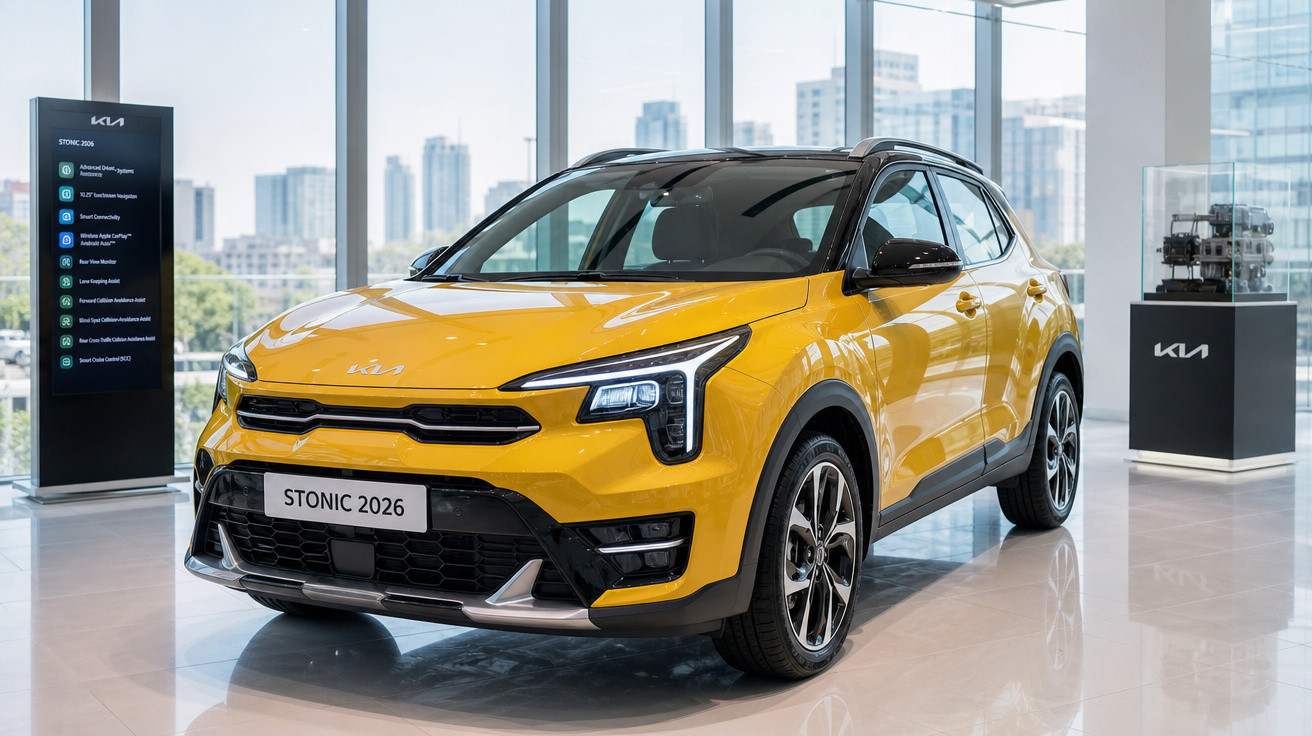 SUV Kia Stonic 2026 amarelo em showroom moderno com vidros grandes e vista urbana ao fundo.