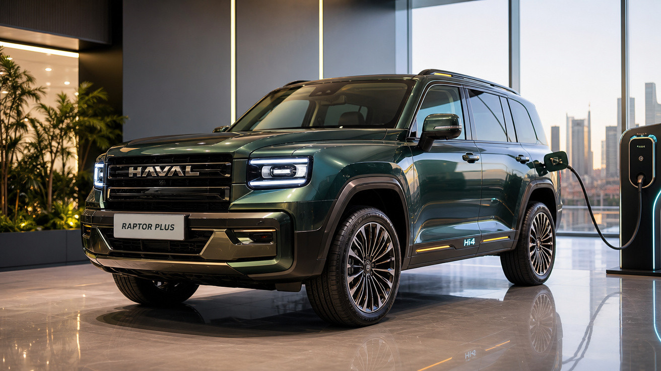 SUV elétrico Haval Raptor Plus verde escuro carregando em estação de recarga urbana.