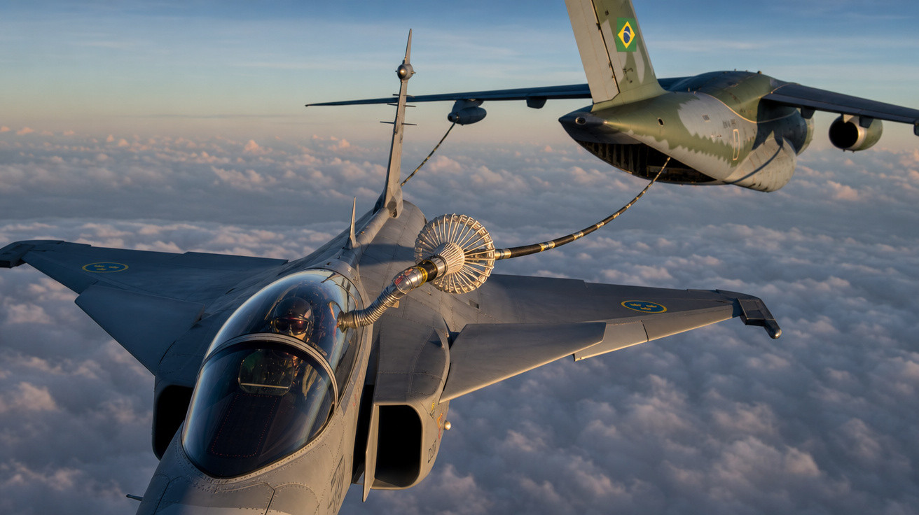 Avião de caça reabastecendo combustível em voo por aeronave militar brasileira sobre nuvens.
