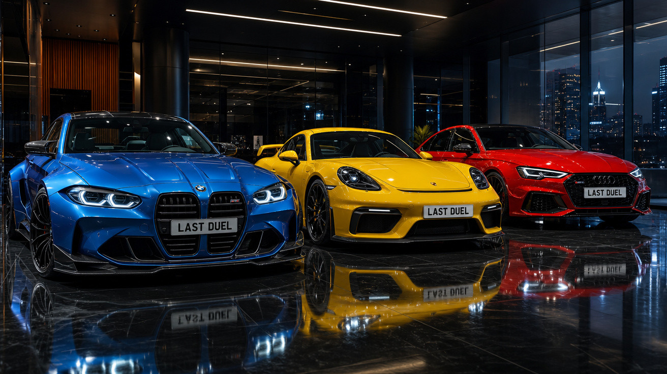 Três carros esportivos azul, amarelo e vermelho com placas "LAST DUEL" em garagem sofisticada à noite.