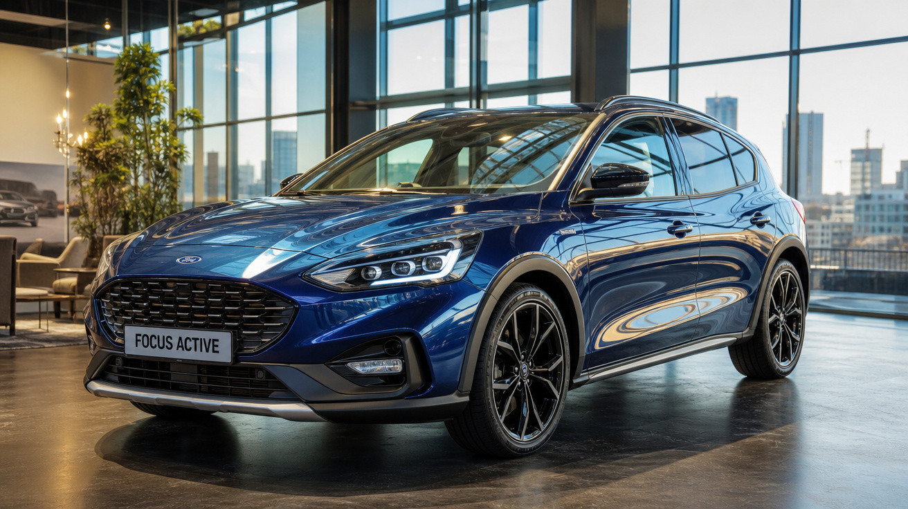 Carro Ford Focus Active azul metálico exibido em ambiente interno com janelas grandes ao fundo.