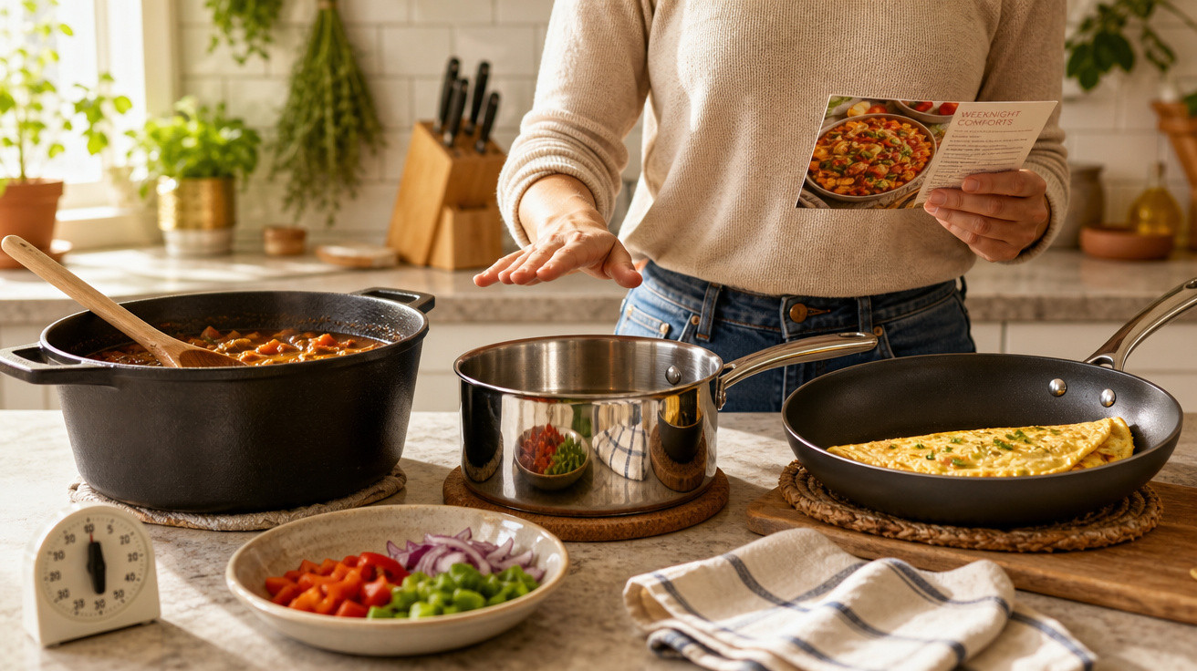 Pessoa cozinhando na cozinha, lendo receita, com panela, frigideira com omelete e legumes cortados na bancada.