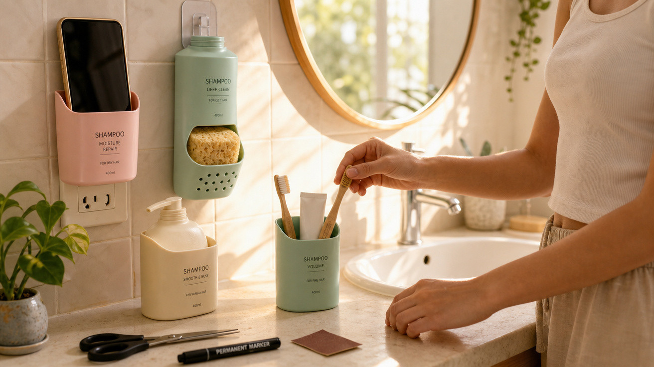 Banheiro com pessoa guardando escova de dente em porta-objetos com frascos rotulados como shampoo na parede.