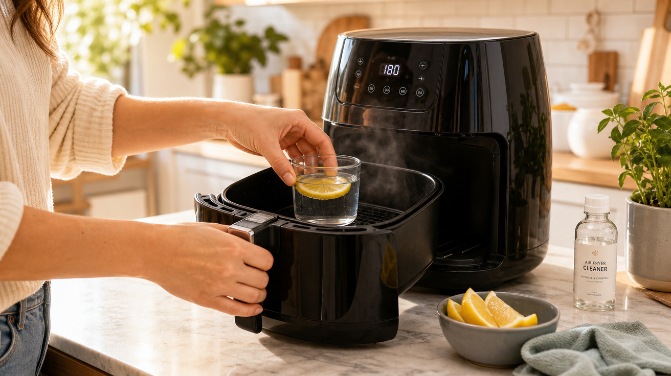 Pessoa limpando fritadeira elétrica com vidro de água e limão em cozinha iluminada e organizada.