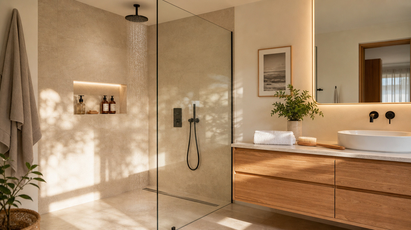 Banheiro moderno com ducha de teto, bancada em madeira, pia branca e planta decorativa iluminada por luz natural.