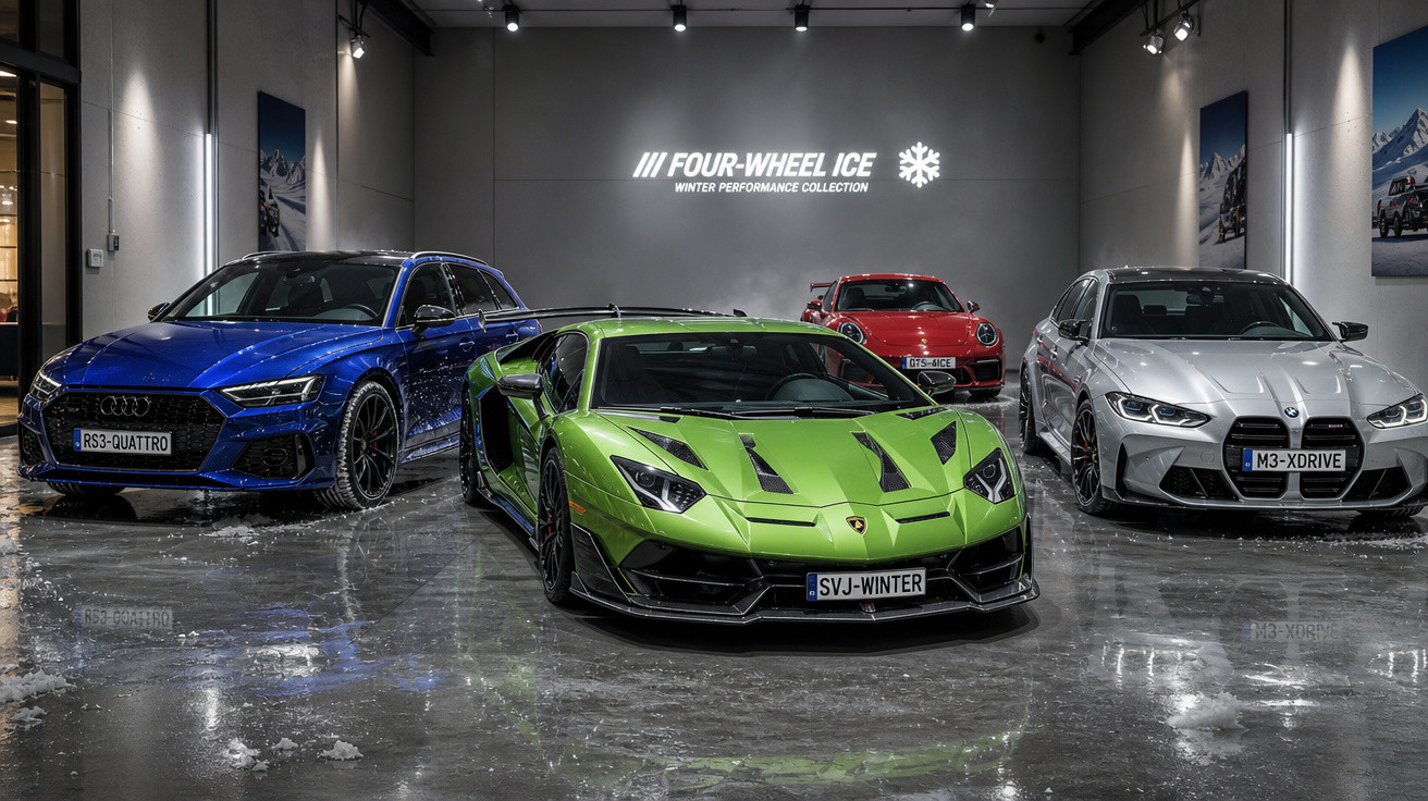 Quatro carros esportivos de luxo em exposição interna com piso molhado e iluminação focada, destaque para Lamborghini verde.