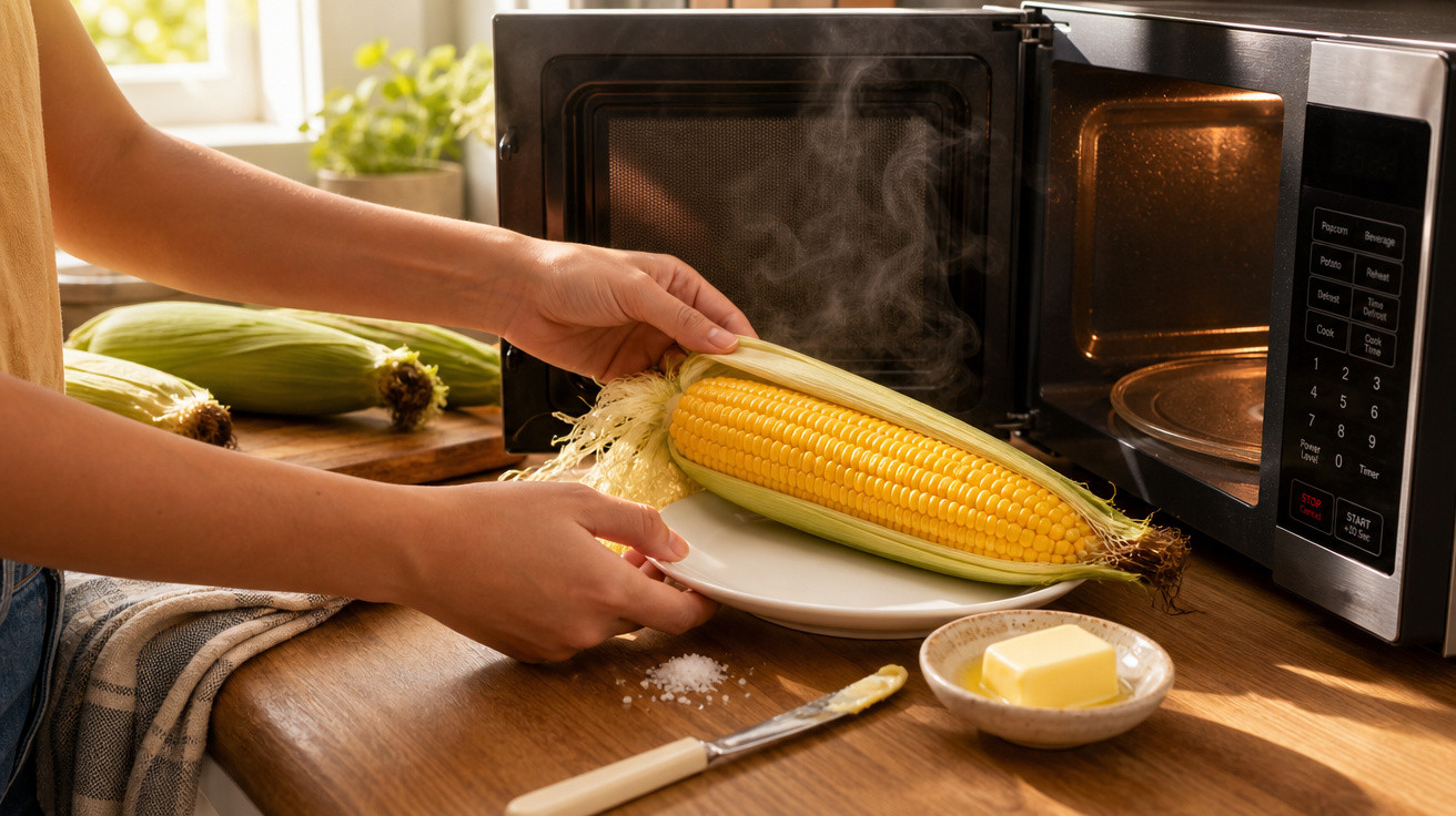 Pessoa retirando espiga de milho quente do micro-ondas para colocar em um prato na cozinha.