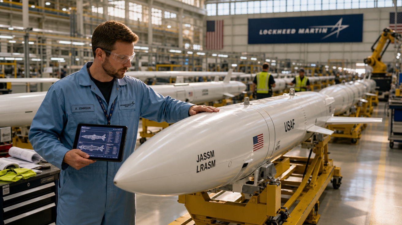 Engenheiro com tablet inspeciona míssil JASSM LRASM em fábrica da Lockheed Martin.
