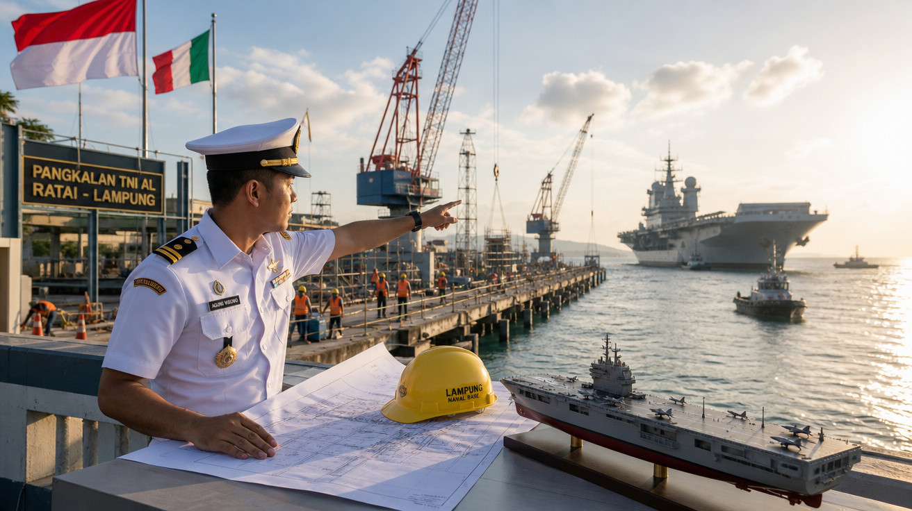 Oficial da marinha observa porto com modelo de navio e casco ao fundo no entardecer em Lampung.