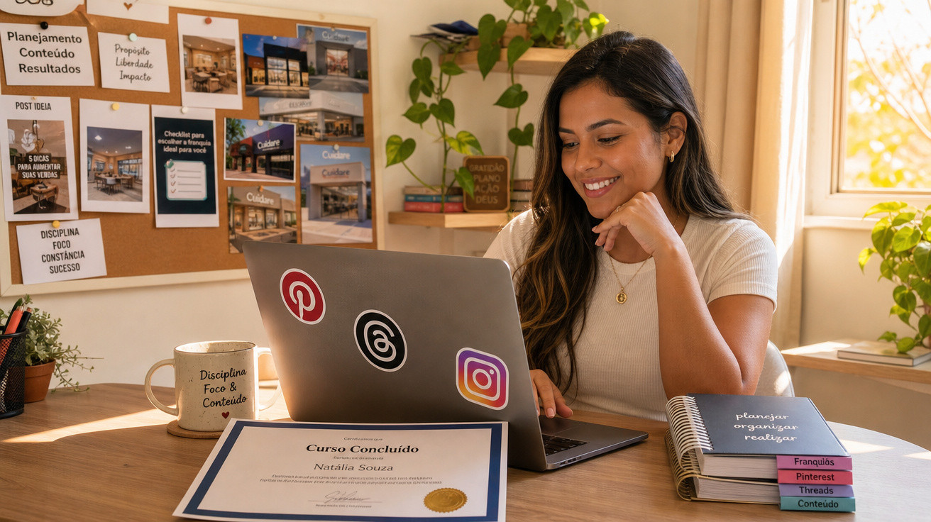 Mulher sorrindo trabalhado no notebook em mesa com certificado, planner e caneca em ambiente iluminado e organizado.
