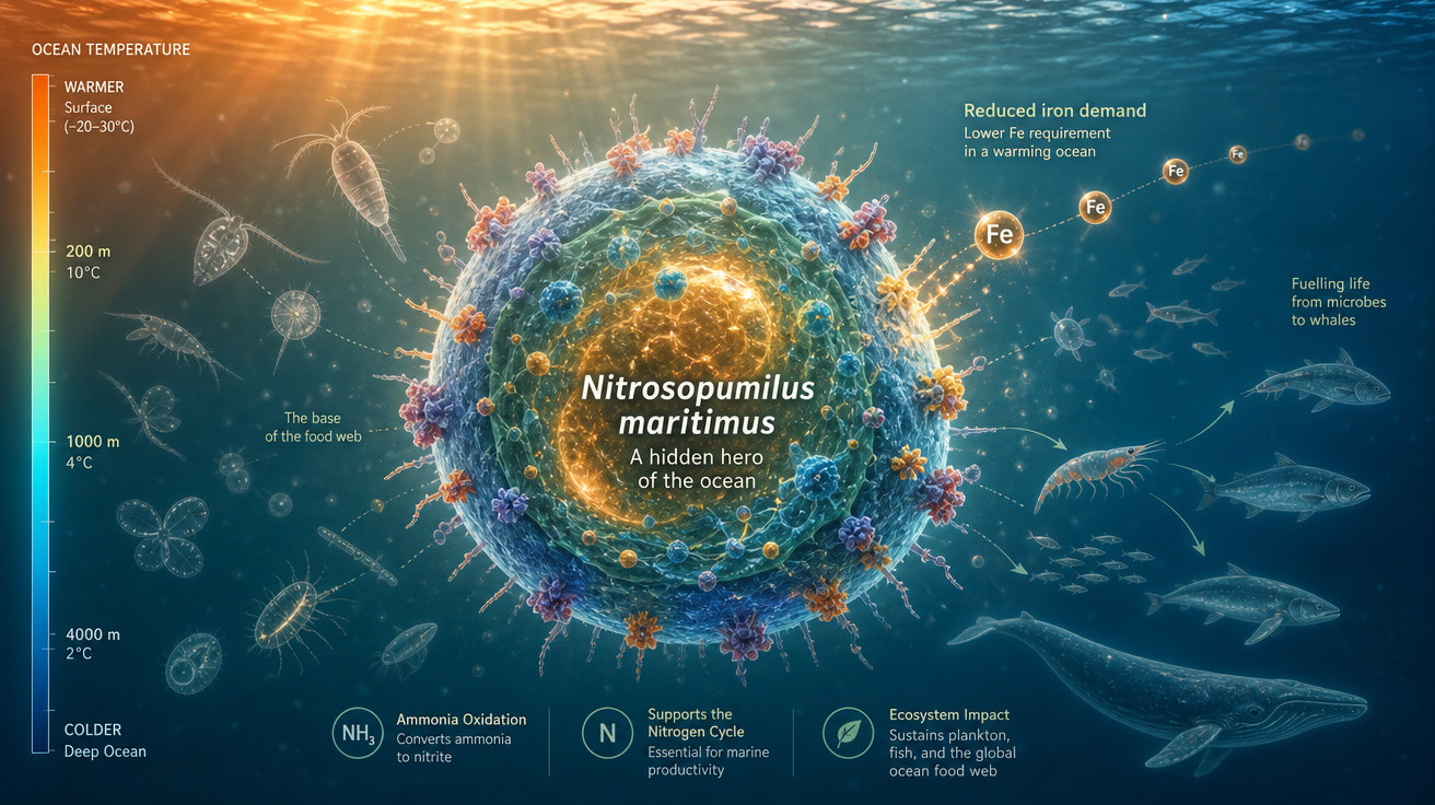 Ilustração detalhada de Nitrosopumilus maritimus e seu papel no ciclo do nitrogênio e ecossistema marinho.