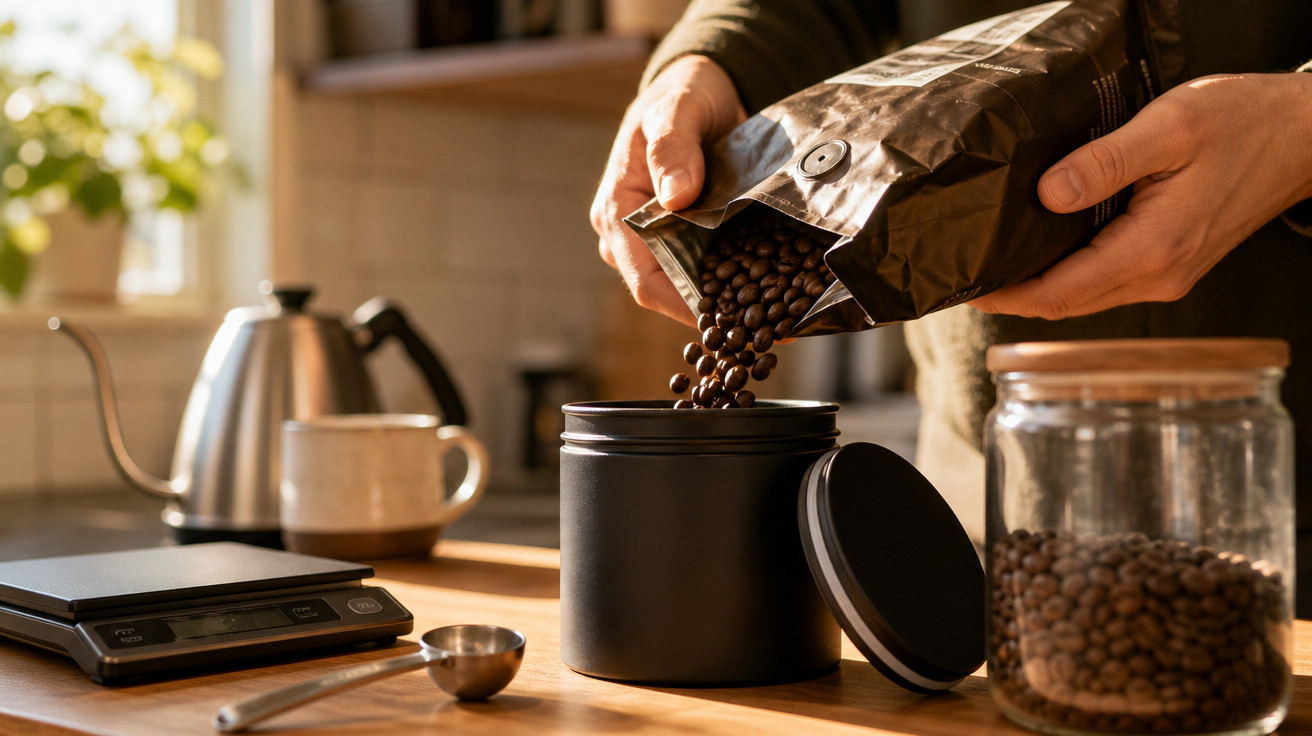 Pessoa transferindo grãos de café para pote preto em cozinha iluminada, com balança, jarra e xícara ao fundo.